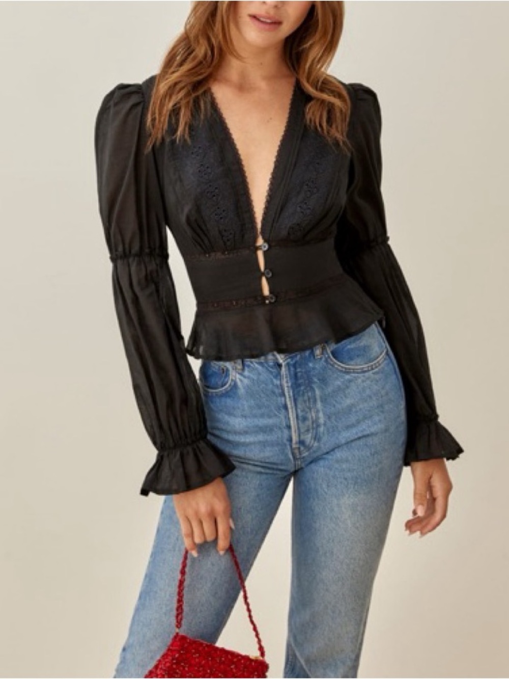 REFORMATION MEADOWLARK Black Lace-Trim Peplum Blouse Button Front Sz 4